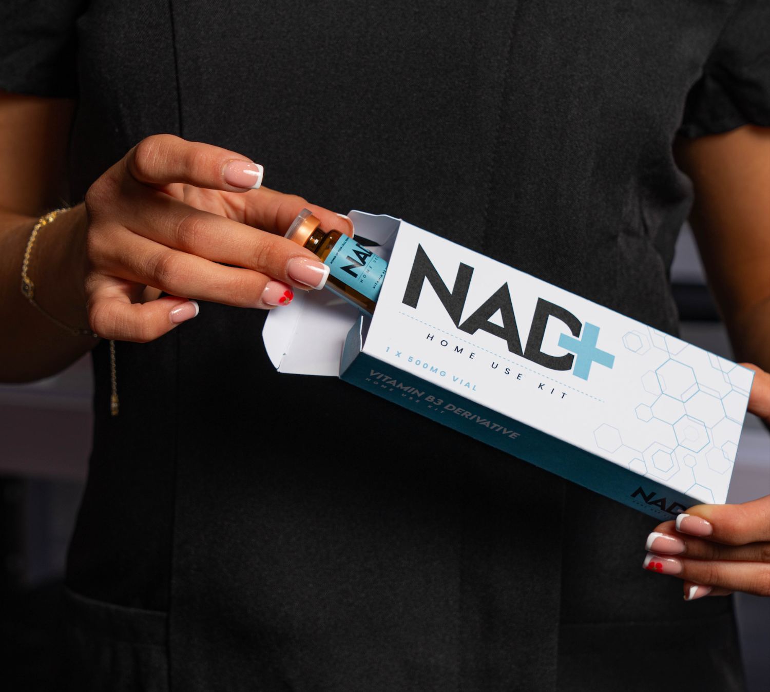 NAD⁺ b3 supplement, vial, representing at-home injectable NAD⁺ therapy for energy, cellular repair, anti aging