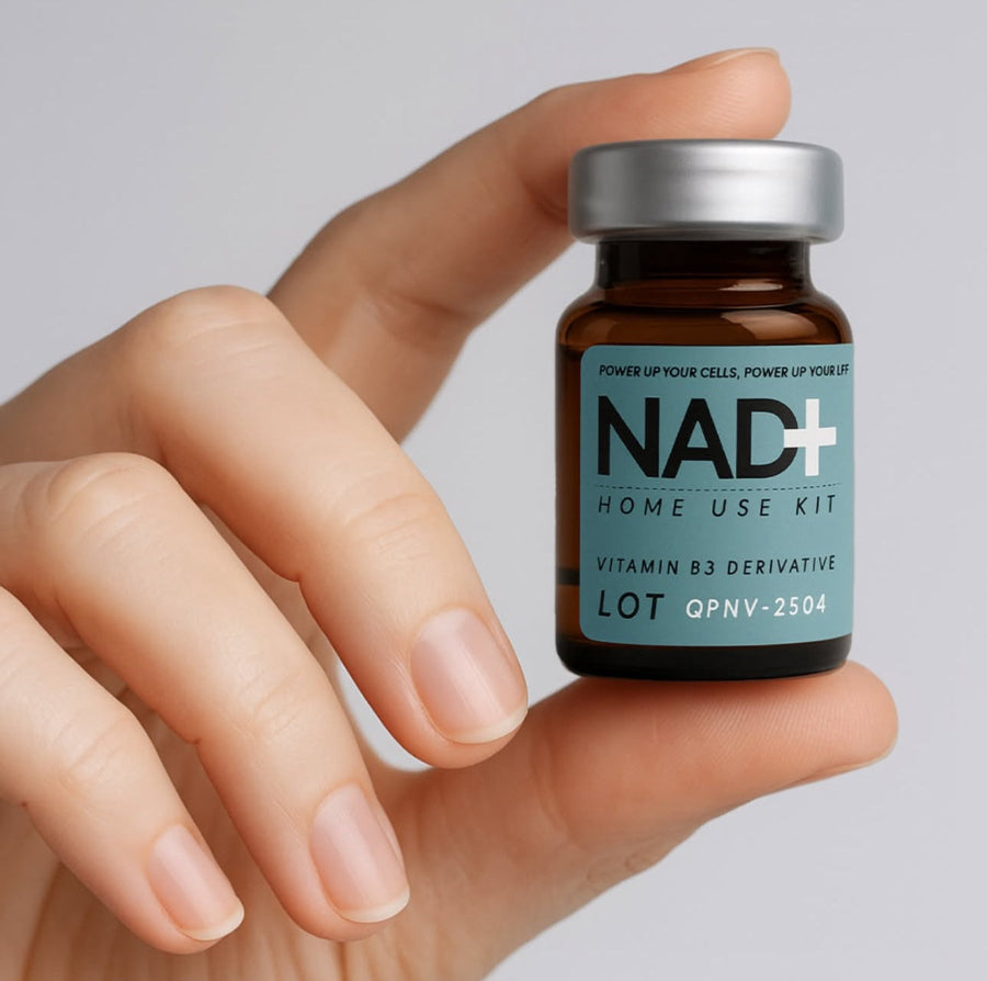 Nad+ vitamin B3 boost your energy, Vial of NAD⁺ supplement being held, representing at-home injectable NAD⁺ therapy for energy, cellular repair, and wellness support. 